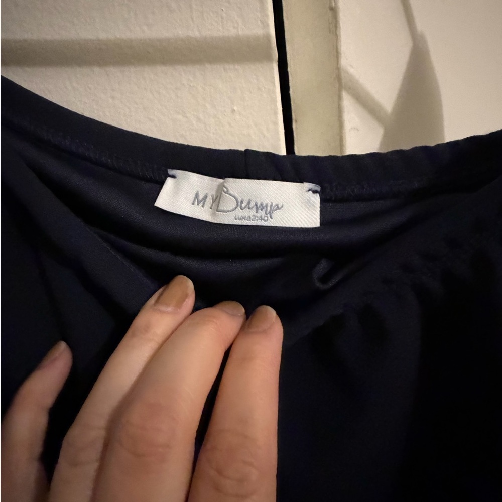 Navy Ruffle Off Shoulder Ruched Maternity Dress - Picture 4 of 7